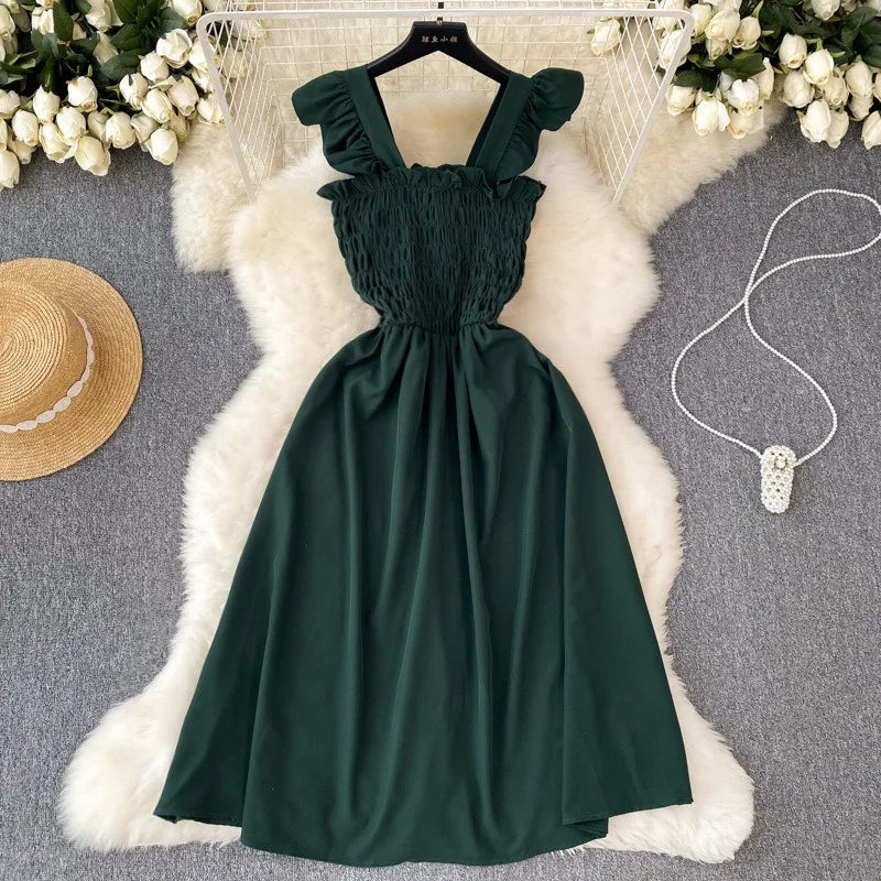 Women’s Smocked Ruffle Strap Midi Dress