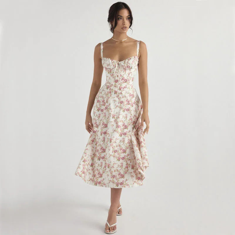 Summer Lace-Up Corset Midi Dress