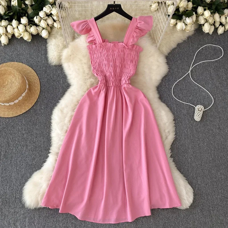 Women’s Smocked Ruffle Strap Midi Dress
