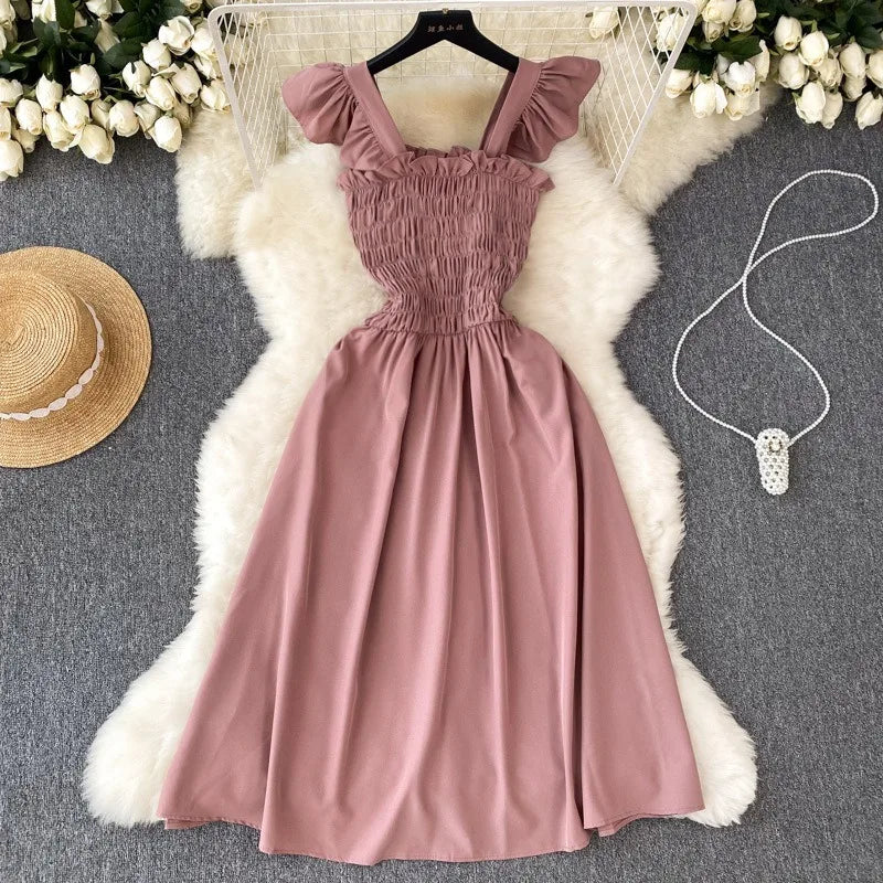 Women’s Smocked Ruffle Strap Midi Dress