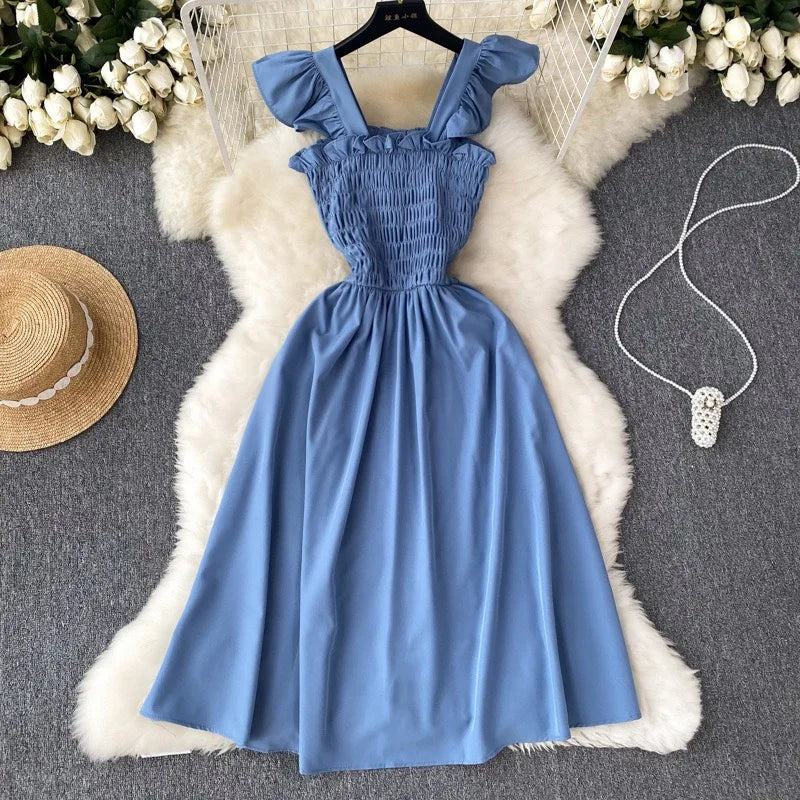 Women’s Smocked Ruffle Strap Midi Dress