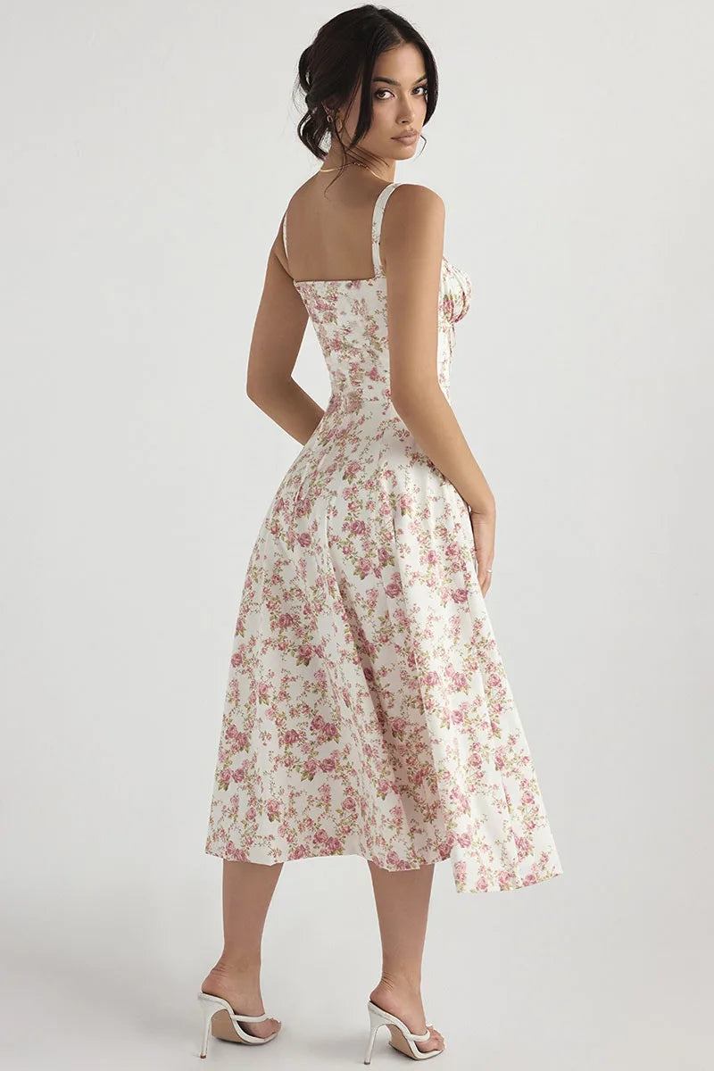 Summer Lace-Up Corset Midi Dress