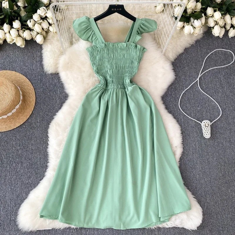 Women’s Smocked Ruffle Strap Midi Dress