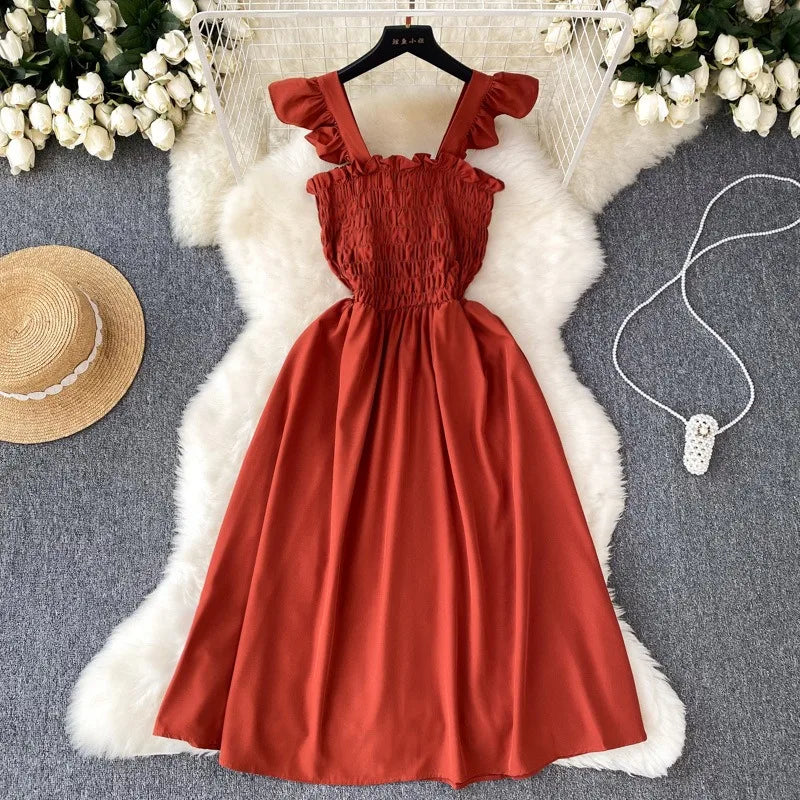 Women’s Smocked Ruffle Strap Midi Dress