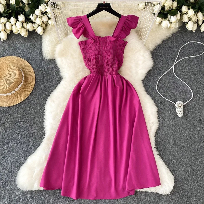 Women’s Smocked Ruffle Strap Midi Dress