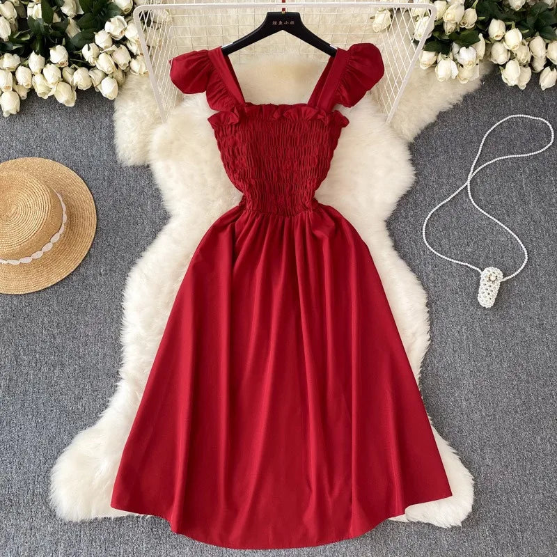 Women’s Smocked Ruffle Strap Midi Dress
