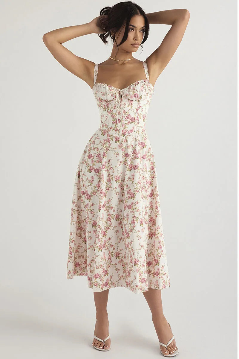 Summer Lace-Up Corset Midi Dress