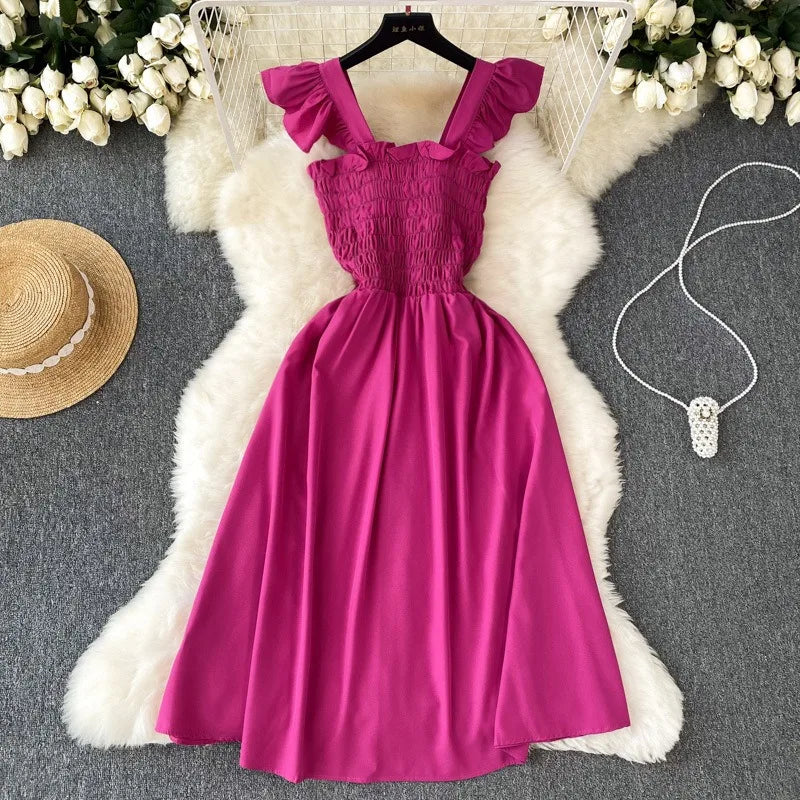Women’s Smocked Ruffle Strap Midi Dress