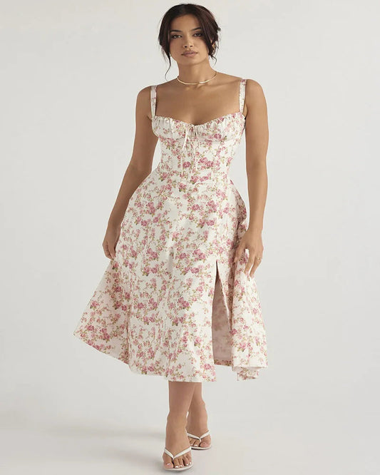 Summer Lace-Up Corset Midi Dress