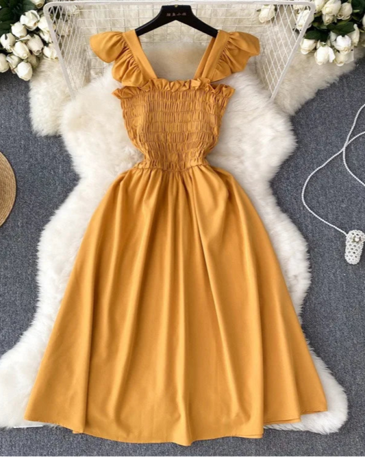 Women’s Smocked Ruffle Strap Midi Dress